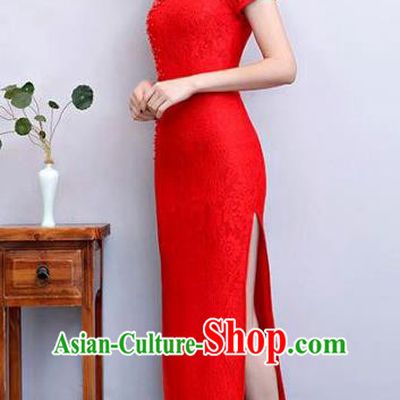 Top Grade Chinese Elegant Red Lace Cheongsam Traditional China Tang Suit Qipao Dress for Women