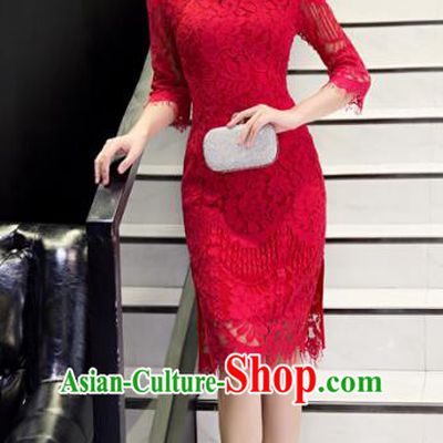 Top Grade Chinese Elegant Red Lace Tassel Cheongsam Traditional China Tang Suit Qipao Dress for Women