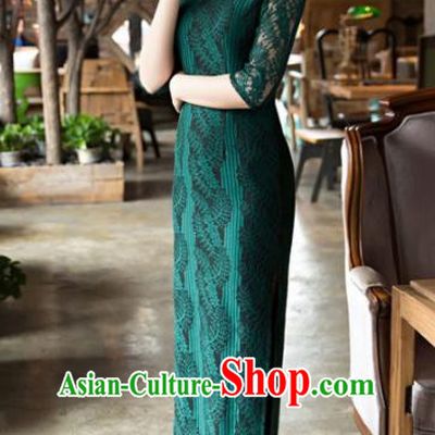 Top Grade Chinese Elegant Cheongsam Traditional China Green Lace Tang Suit Qipao Dress for Women