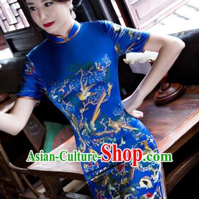 Chinese Top Grade Elegant Cheongsam Traditional Republic of China Tang Suit Blue Qipao Dress for Women