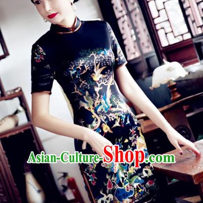 Chinese Top Grade Elegant Cheongsam Traditional Republic of China Tang Suit Black Qipao Dress for Women