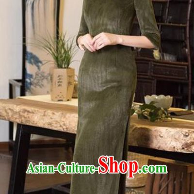 Chinese Top Grade Elegant Olive Green Wool Cheongsam Traditional Republic of China Tang Suit Qipao Dress for Women