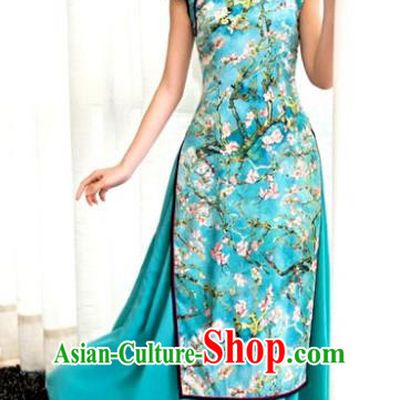Chinese Top Grade Elegant Printing Green Cheongsam Traditional Republic of China Tang Suit Qipao Dress for Women