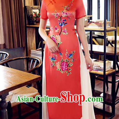 Chinese Top Grade Elegant Printing Peony Orange Cheongsam Traditional Republic of China Tang Suit Qipao Dress for Women
