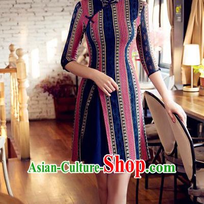 Chinese Top Grade Elegant Short Cheongsam Traditional Republic of China Tang Suit Navy Lace Qipao Dress for Women