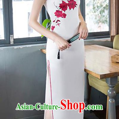 Chinese Top Grade Elegant Printing Flowers Cheongsam Traditional Republic of China Tang Suit White Silk Qipao Dress for Women
