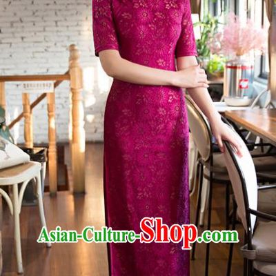 Chinese Top Grade Elegant Rosy Lace Cheongsam Traditional Republic of China Tang Suit Qipao Dress for Women