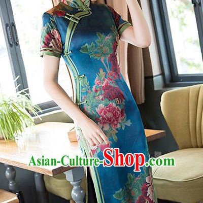Traditional Top Grade Chinese Elegant Printing Blue Silk Cheongsam China Tang Suit Qipao Dress for Women