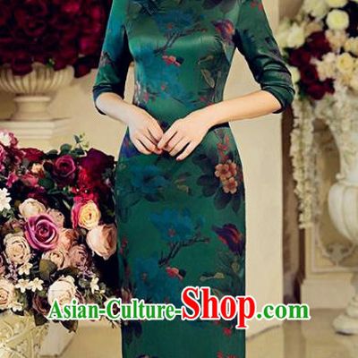 Traditional Top Grade Chinese Elegant Printing Green Silk Cheongsam China Tang Suit Qipao Dress for Women