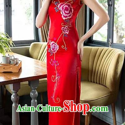Traditional Top Grade Chinese Elegant Printing Peony Red Cheongsam China Tang Suit Qipao Dress for Women