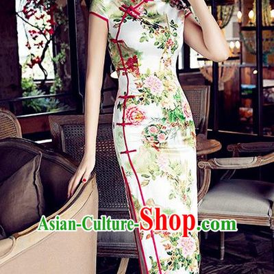 Traditional Chinese Elegant Cheongsam China Tang Suit Printing Peony Qipao Dress for Women