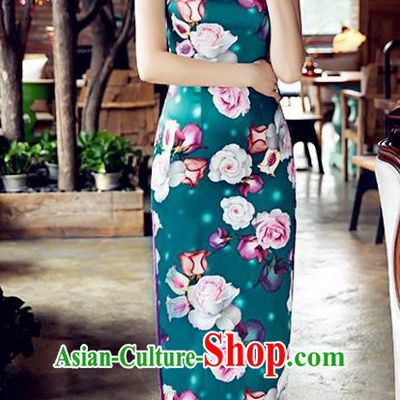 Traditional Chinese Elegant Cheongsam China Tang Suit Printing Rose Green Qipao Dress for Women