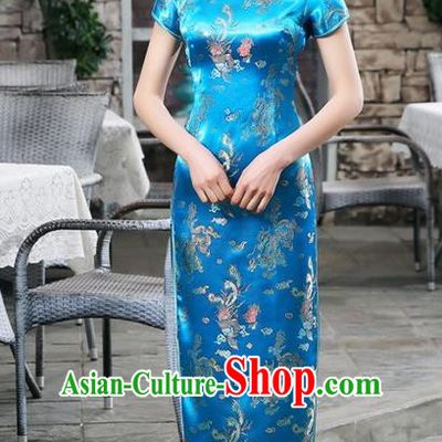 Traditional Chinese Elegant Phoenix Cheongsam China Tang Suit Blue Brocade Qipao Dress for Women