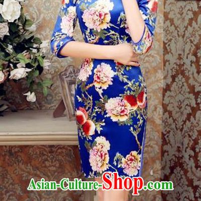 Traditional Chinese Elegant Printing Flowers Blue Short Cheongsam China Tang Suit Qipao Dress for Women
