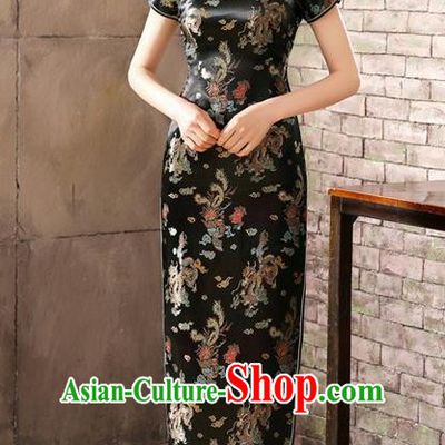 Traditional Chinese Elegant Phoenix Cheongsam China Tang Suit Black Brocade Qipao Dress for Women