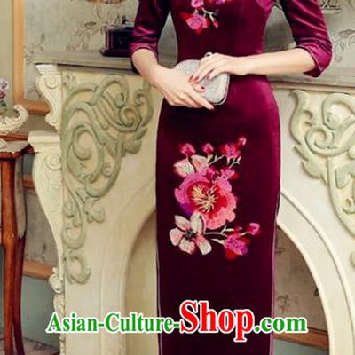 Traditional Chinese Elegant Printing Purple Velvet Cheongsam China Tang Suit Qipao Dress for Women