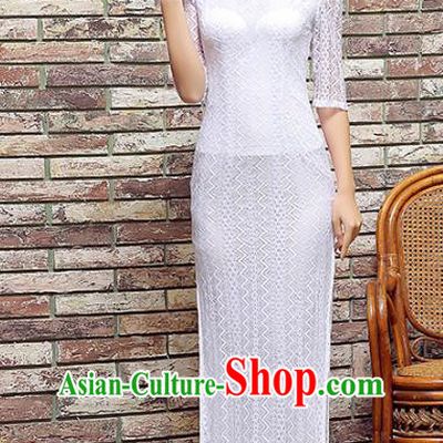 Traditional Chinese Elegant Cheongsam China Tang Suit White Lace Qipao Dress for Women