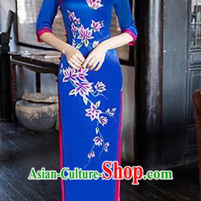 Traditional Chinese Elegant Printing Royalblue Silk Cheongsam China Tang Suit Qipao Dress for Women