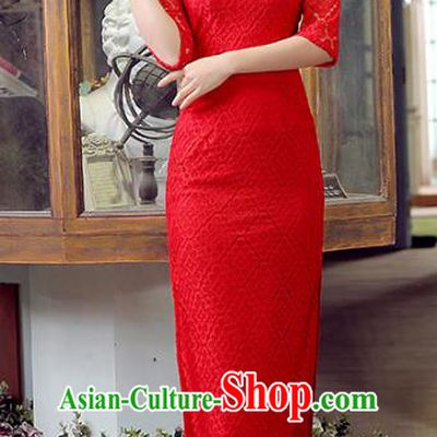 Traditional Chinese Elegant Cheongsam China Tang Suit Red Lace Qipao Dress for Women