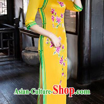 Traditional Chinese Elegant Printing Yellow Silk Cheongsam China Tang Suit Qipao Dress for Women