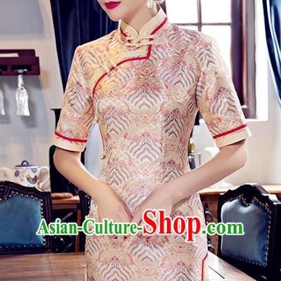 Traditional Chinese Elegant Golden Brocade Cheongsam China Tang Suit Short Qipao Dress for Women