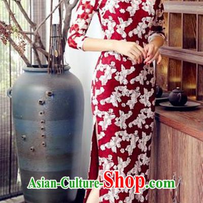 Traditional Chinese Elegant Printing Red Cheongsam China Tang Suit Qipao Dress for Women