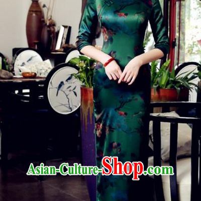Traditional Chinese Elegant Printing Green Watered Gauze Cheongsam China Tang Suit Qipao Dress for Women