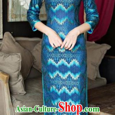 Traditional Chinese Elegant Blue Lace Cheongsam China Tang Suit Qipao Dress for Women