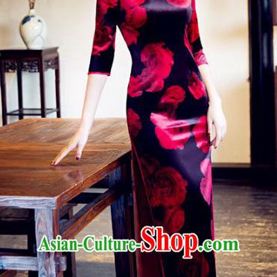 Traditional Chinese Elegant Printing Rose Black Cheongsam China Tang Suit Qipao Dress for Women