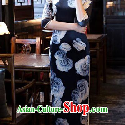 Traditional Chinese Elegant Printing Rose Navy Cheongsam China Tang Suit Qipao Dress for Women