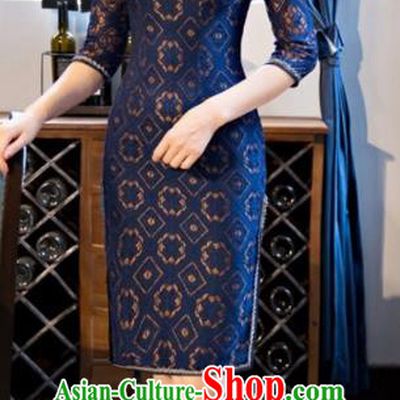 Traditional Chinese Elegant Cheongsam China Tang Suit Navy Lace Qipao Dress for Women