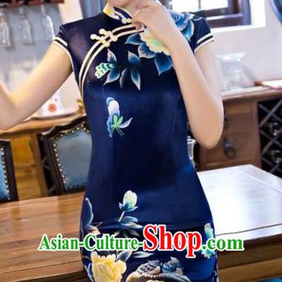 Chinese Traditional Costume Elegant Printing Peony Navy Silk Cheongsam China Tang Suit Qipao Dress for Women