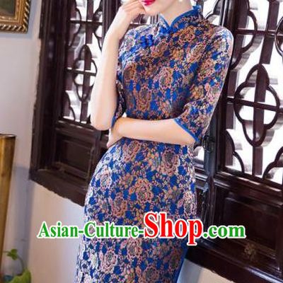 Chinese Traditional Costume Elegant Silk Cheongsam China Tang Suit Blue Qipao Dress for Women