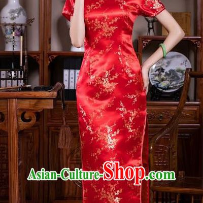 Chinese Traditional Costume Graceful Plum Blossom Cheongsam China Tang Suit Red Brocade Qipao Dress for Women