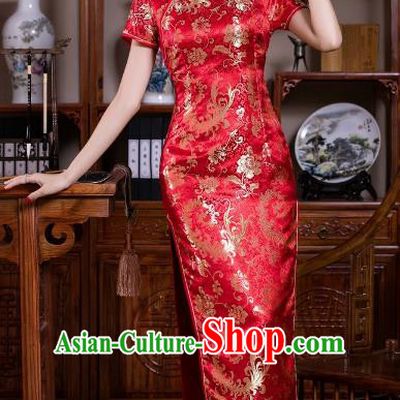 Chinese Traditional Costume Graceful Ombre Flowers Cheongsam China Tang Suit Red Brocade Qipao Dress for Women