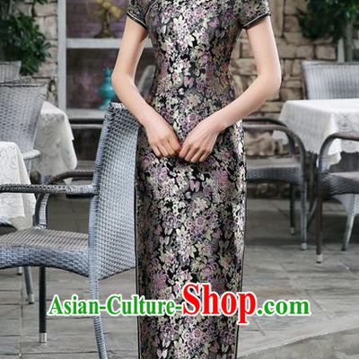 Chinese Traditional Costume Black Brocade Cheongsam China Tang Suit Silk Qipao Dress for Women