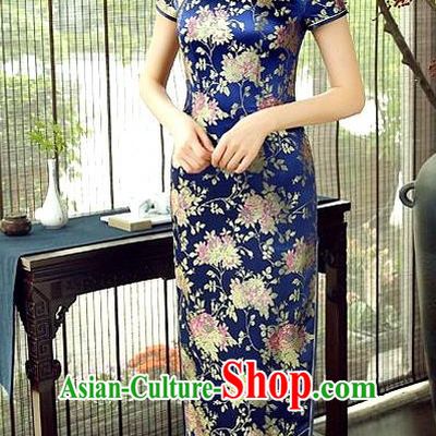 Chinese Traditional Costume Cheongsam China Tang Suit Deep Blue Brocade Qipao Dress for Women