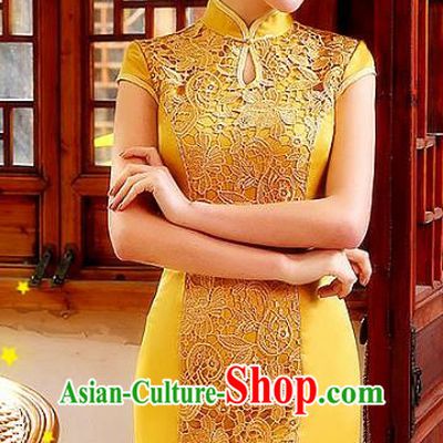 Chinese Traditional Costume Cheongsam China Tang Suit Yellow Lace Qipao Dress for Women