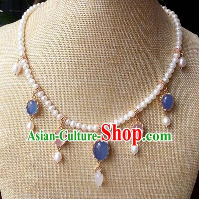 Traditional Handmade Chinese Ancient Classical Accessories Blue Crystal Necklace Pearls Hanfu Necklet for Women