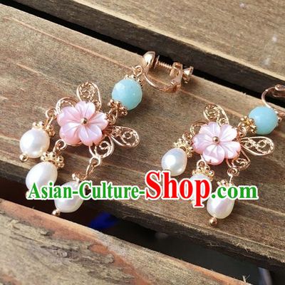Traditional Handmade Chinese Ancient Classical Accessories Hanfu Pearls Tassel Earrings for Women
