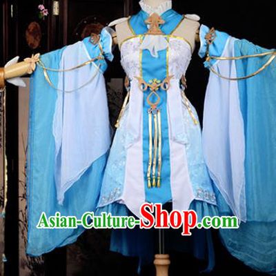 Chinese Ancient Princess Young Lady Costume Cosplay Swordswoman Blue Dress Hanfu Clothing for Women
