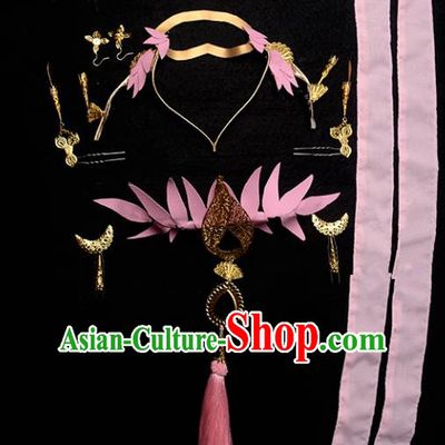 Traditional Handmade Chinese Hair Accessories Ancient Swordswoman Hairpins Pink Headband Complete Set for Women