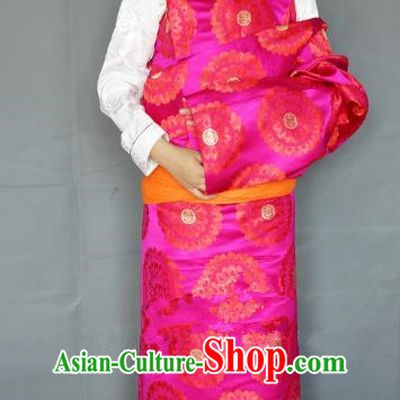 Chinese Traditional Zang Nationality Rosy Brocade Tibetan Robe, China Tibetan Ethnic Heishui Dance Costume for Women