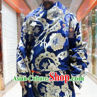 Chinese Traditional Zang Nationality Blue Tibetan Robe, China Tibetan Ethnic Heishui Dance Costume for Men