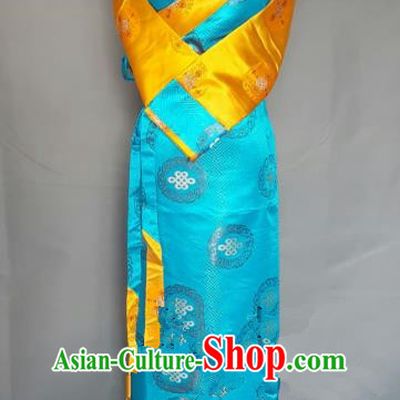 Chinese Traditional Zang Nationality Blue Brocade Dress, China Tibetan Ethnic Heishui Dance Costume for Women