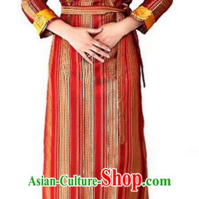 Chinese Traditional Zang Nationality Red Dress, China Tibetan Ethnic Heishui Dance Costume for Women
