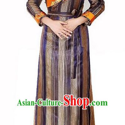 Chinese Traditional Zang Nationality Purple Dress, China Tibetan Ethnic Heishui Dance Costume for Women