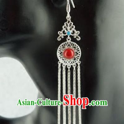 Chinese Traditional Zang Nationality Earrings Accessories, China Tibetan Ethnic Silver Tassel Eardrop for Women