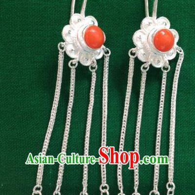 Chinese Traditional Zang Nationality Red Earrings Accessories, China Tibetan Ethnic Silver Tassel Eardrop for Women