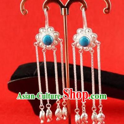 Chinese Traditional Zang Nationality Blue Earrings Accessories, China Tibetan Ethnic Silver Tassel Eardrop for Women